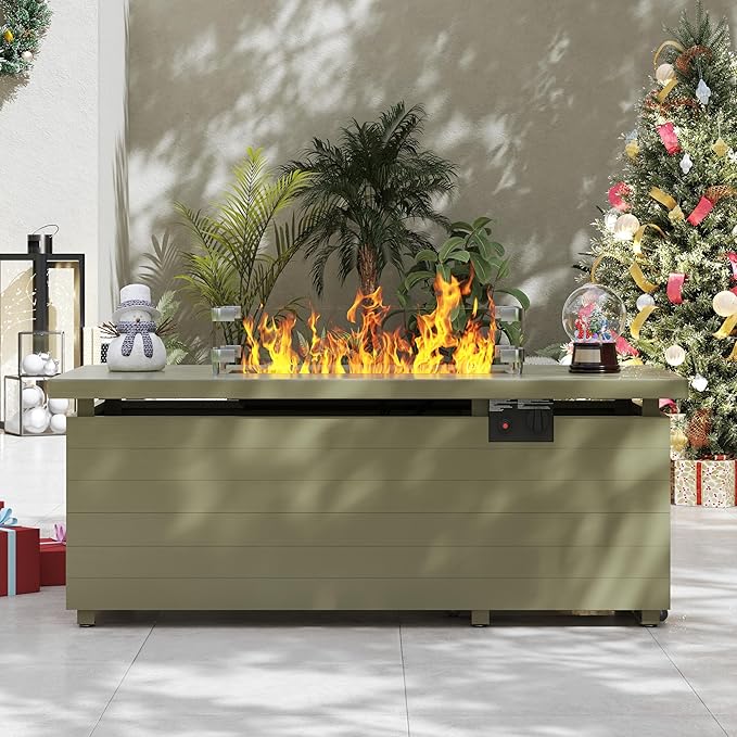 Sundale Outdoor 51 Inch Outdoor Fire Pit Table 50000BTU Rectangle Propane Fire Pit with Sliding Tank Holder Glass Wind Guard Dust Cover Removable Lid CSA Certified Olive Green