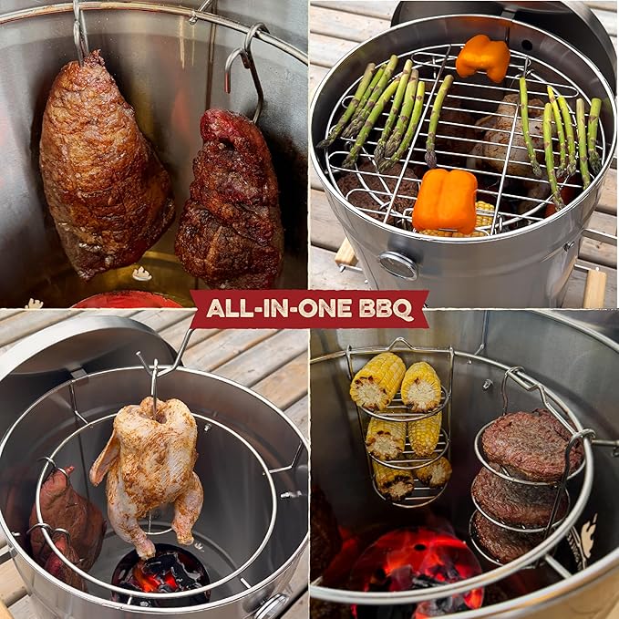 Barrel Smoker Grill Combo | 100% 304 Stainless Steel Barrel | 95% Less Smoke Even Heat | Easy to Use &amp Clean – Vertical Smoker Ideal for Balconies and Backyards (SMALL-13 LBS)