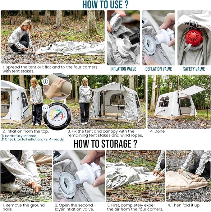 TAILI Inflatable Blow Up Tent for Camping with Hand Pump for 2/3/4/6 Person Easy Setup Outdoor Inflatable Oxford Waterproof Air Tent House for Family Camping Adult