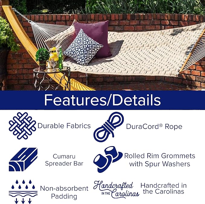 Hatteras Hammocks Antique Beige Soft Weave Hammock with Free Extension Chains &amp Tree Hooks Handcrafted in The USA Accommodates 2 People 450 LB Weight Capacity 13 ft. x 55 in.
