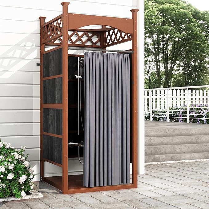 Outdoor Shower Enclosure with Shower Mat &amp Curtain Solid Wood Privacy Outside Shower Stall Outdoor Changing Room for Pool Wash Station Patio or Beach Rinse Station