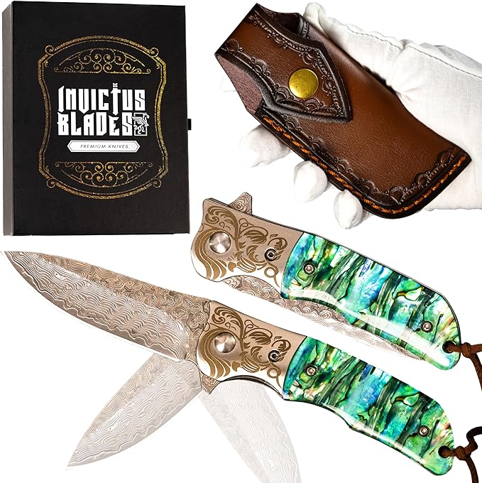 MINI.KATANA Unleash Damascus Pocket Knife - 67-layer VG10 Steel Damascus Folding Knife with Clip Leather Sheath - High Carbon Steel Pocket Knife for Men - Handmade Sharp and Durable