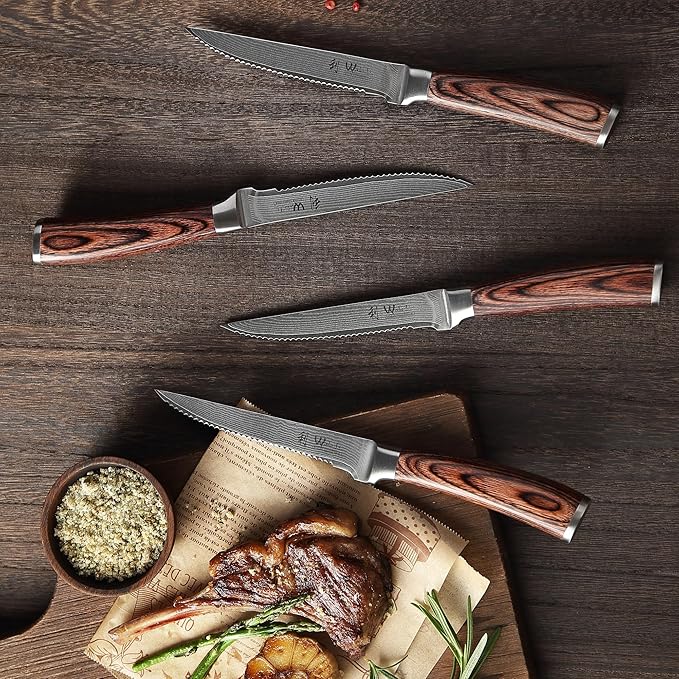 Wakoli EDIB 4-Piece Damascus Steak Knife Set – Professional Dining Kitchen Knives with VG10 Core Blades 67-Layer Damascus Steel &amp Ergonomic Pakkawood Handles – Premium Steak Cutlery in Gift Box
