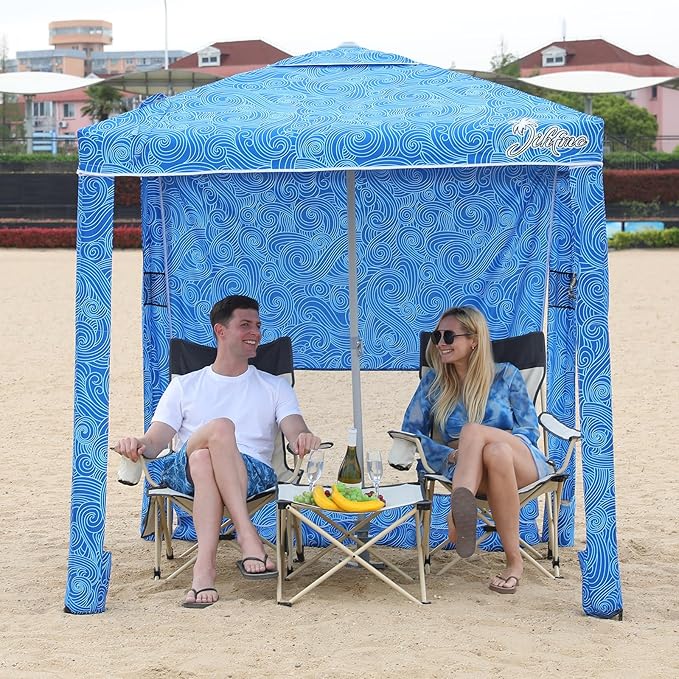 Jihfmo Beach Cabana 6.2'×6.2' Beach Canopy with Side Wall UPF 50+ UV Protection Easy Setup Tent Sun Shelter with Sand Pockets for Whole Family(Surging Waves)
