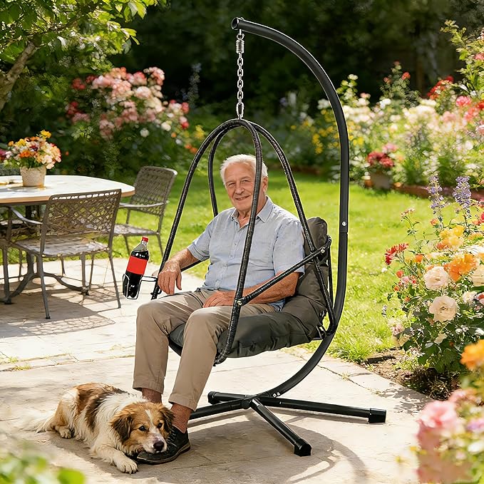JESE Swing Egg Chair with Stand - UV Resistant &amp Waterproof Cushion Included with Cup Holder - Indoor/Outdoor Hanging Hammock Chair Suitable for Patio Bedroom Balcony Garden (Black)