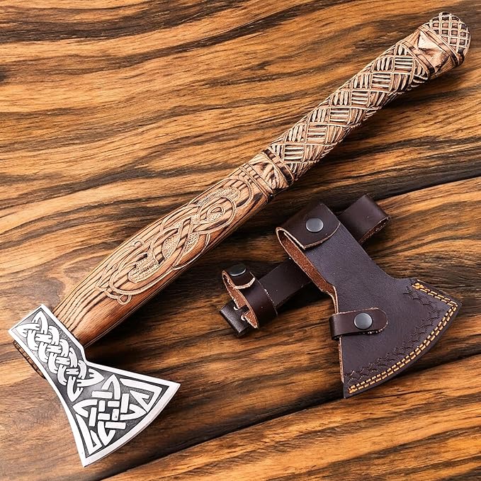 Poshland AX-7615 Custom Gift Forged Carbon Steel Viking Axe with Rose Wood Shaft Viking Bearded Camping Axe