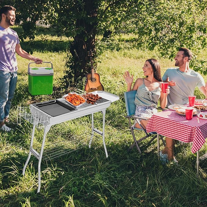 LEADZM Stainless Steel Barbecue Grill BBQ Charcoal Foldable &amp Portable Grill Great for Outdoor Cooking Camping Hiking Picnics Tailgating Silver 39.3×12.2×27.9
