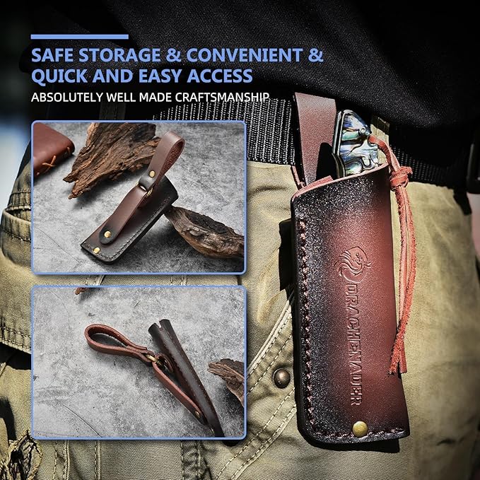 Damascus Pocket Knife 8.97 Tanto Folding Knife Handmade Forged VG10 Core 67-Layer Damascus Steel with Abalone Seashell Handle Leather Sheath