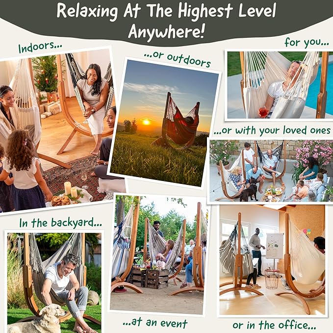LA SIESTA® - Udine Weather-Resistant Hammock Chair with Wooden Stand - Handmade Tear-Resistant Hammock Chair for Outdoor Relaxation - FSC Certified Eucalyptus Hammock w/Stand for Outside - Sea Salt