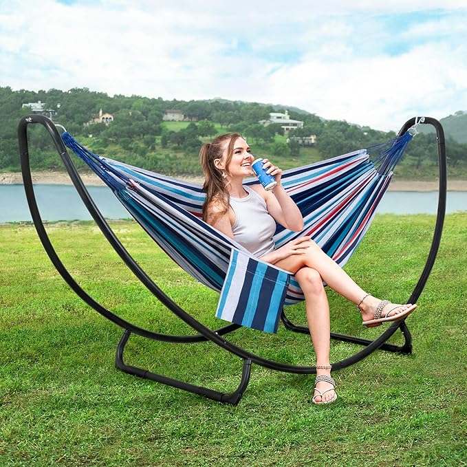 SUNCREAT 2 Person Hammock with Stand Space Saving Free Standing Hammock with Stand Included Patent Pending Blue Red