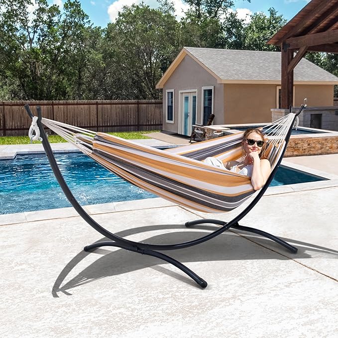 SUNCREAT 2 Person Hammock with Stand Heavy Duty Free Standing Hammock with Stand Included Coffee Stripes