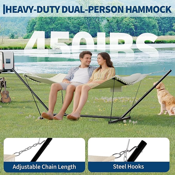 GarveeLife 2 Person Double Hammock with Stand and Pillow - 450 Lbs Capacity Heavy Duty Hammock with Balance Rope Large Outdoor Hammock for Patio Backyard Poolside