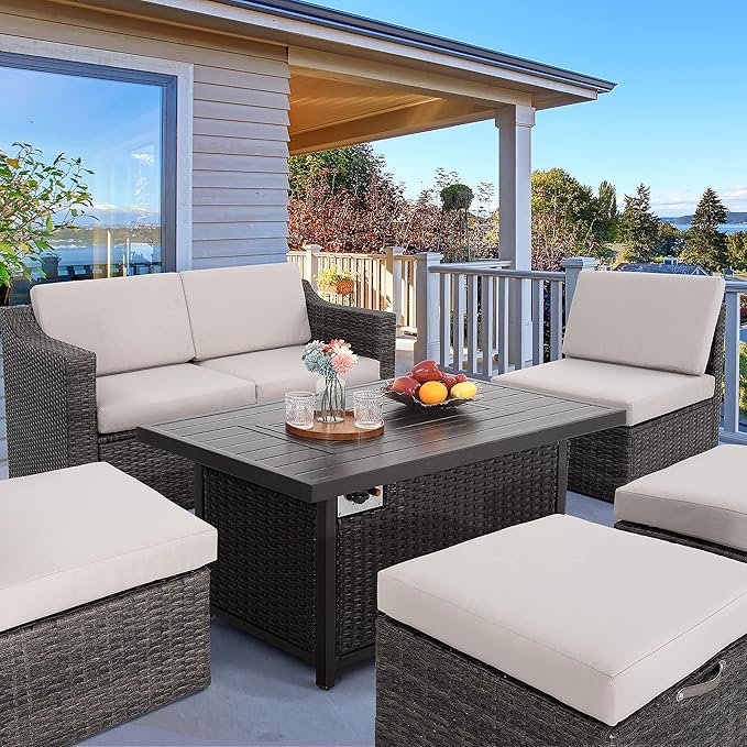 HAPPATIO Propane Fire Pit Table - 48 inch 50000 BTU Aluminum Outdoor Patio Fire PitWicker &amp Aluminum Rectangular Propane Gas Fire Pit Clear Glass Rock and Tabletop Lid Black PE Rattan(Brown)