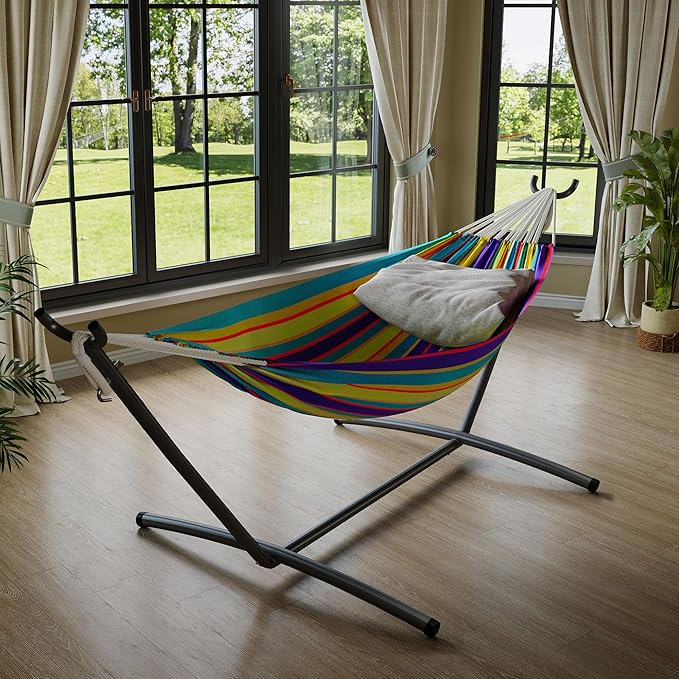 GarveeLife Double 2 Person Hammock Indoor Outdoor Standing Hammock with Space Saving Steel Stand Carry Bag 450 LBS Weight Capacity Suitable for Garden Camping Beach Tropical