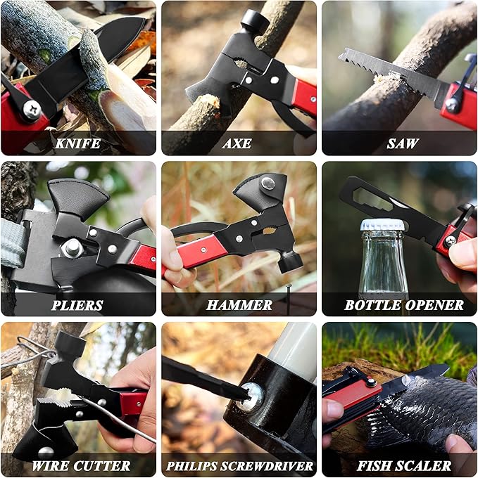 RoverTac 14-in-1 Multitool Camping Axe Hatchet – Essential Camping Gear with Knife Hammer Saw Bottle Opener Screwdriver – Multi Tool with Sheath – Gifts for Men Dad and Outdoor Adventures