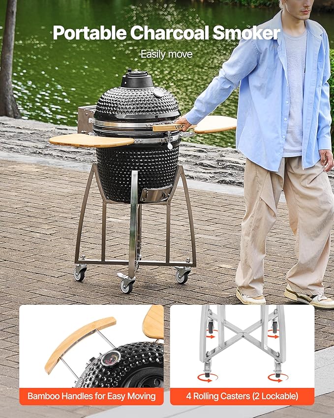 VEVOR Charcoal Smoker and Grill 18 Kamado Charcoal BBQ Smoker Movable Ceramic Barbecue Grill with 4 Wheels (2 Lockable) Built-in Thermometer Air Vents &amp Side Shelf for Outdoor Patio Yard Cook