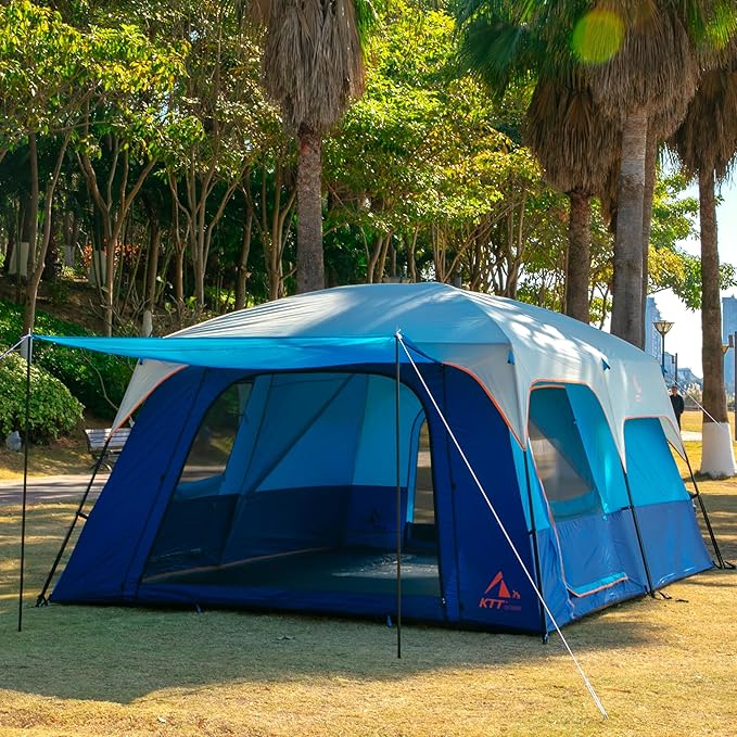 KTT Extra Large Tent 6-10-12-14 Person(A)Family Cabin Tents2 Rooms3 Doors and 3 Windows with MeshStraight WallWaterproofDouble LayerBig Tent for OutdoorPicnicCampingFamily Gathering