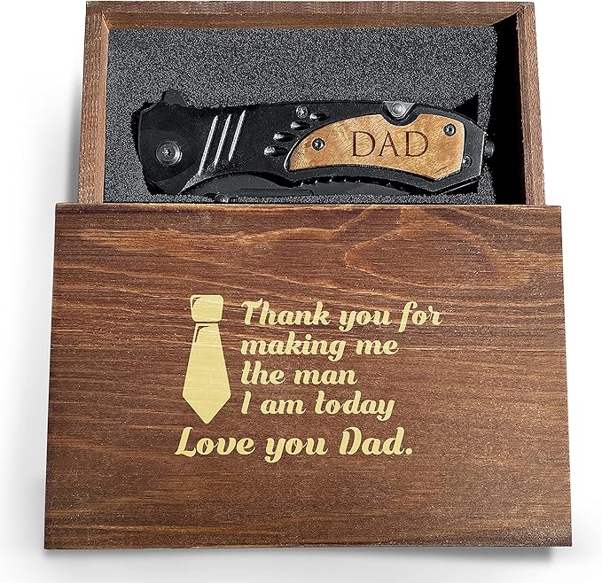 Premium Laser Engraved Folding Pocket Knife Wooden Handle and Gift Box Foldable Camping Knife for Dad Fathers Day