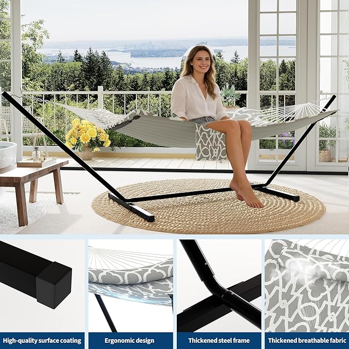 2 Person Double Hammock with Stand &amp Pillow 450 LBS Heavy Duty Outdoor Hammock with Balance Rope for Patio Backyard Poolside