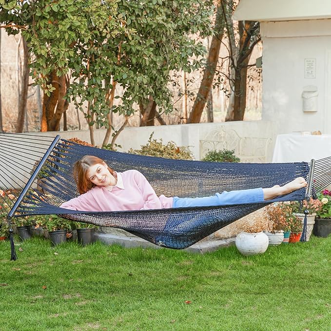 PNAEUT Double Rope Hammocks for Outside Handwoven Double Caribbean Hammock with Spreader Bar for Outdoor Indoor Max 600 lbs Capacity (Abyss)