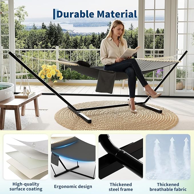 Double Hammock with Stand - Heavy Duty Portable 2 Person Design with Adjustable Steel Stand Max 450LBS Ideal for Outdoor Patio Garden Beach &amp Backyard