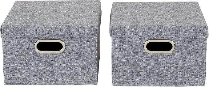 Household Essentials Collapsible Cotton Blend Storage Box with Lid and Metal Grommet Handle Set of 2 Grey