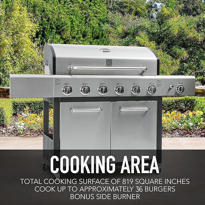 Kenmore 6-Burner Propane Gas BBQ Grill with Side Burner 73000 BTUs Stainless Steel Cabinet Grill with Cast Iron Grates for Outdoor Cooking Backyard BBQ Patio Large Parties