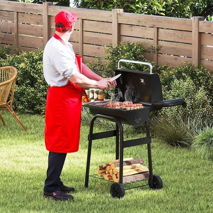 Happygrill Barrel Charcoal Grill Outdoor BBQ Smoker Grill w/Foldable Side Table Built-in Thermometer Storage Shelf Adjustable Air Vent Portable Barbecue Grills w/Wheels for Camping &amp Picnic