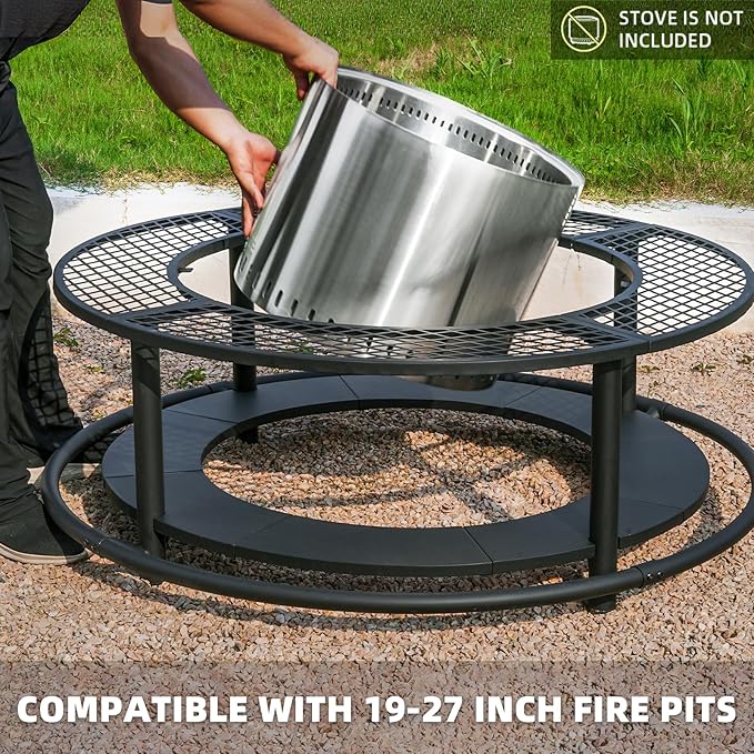 50 Inch Fire Pit Surround Tabletop for Smokeless Fire Pit Outdoor Surround Table with 2 Grill Grates and Firewood Storage Shelf Protective Barrier for Safety &amp Extra Space (Stove not Included)