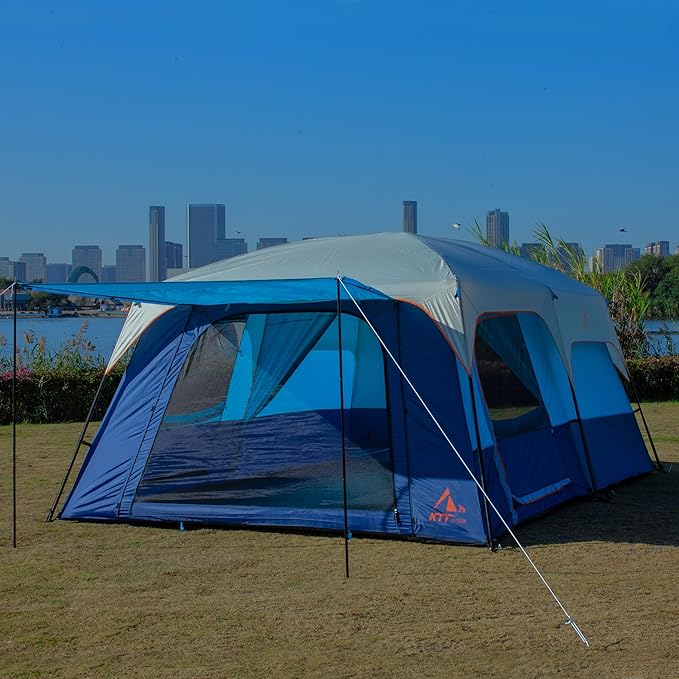 KTT Extra Large Tent 6-10-12-14 Person(A)Family Cabin Tents2 Rooms3 Doors and 3 Windows with MeshStraight WallWaterproofDouble LayerBig Tent for OutdoorPicnicCampingFamily Gathering