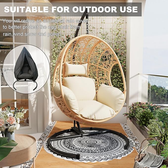 Oversized Hanging Egg Chair Set of 2 Outdoor Indoor Wicker Swing Egg Chair with Stand 400lbs Capacity for Bedroom Patio Garden and Balcony