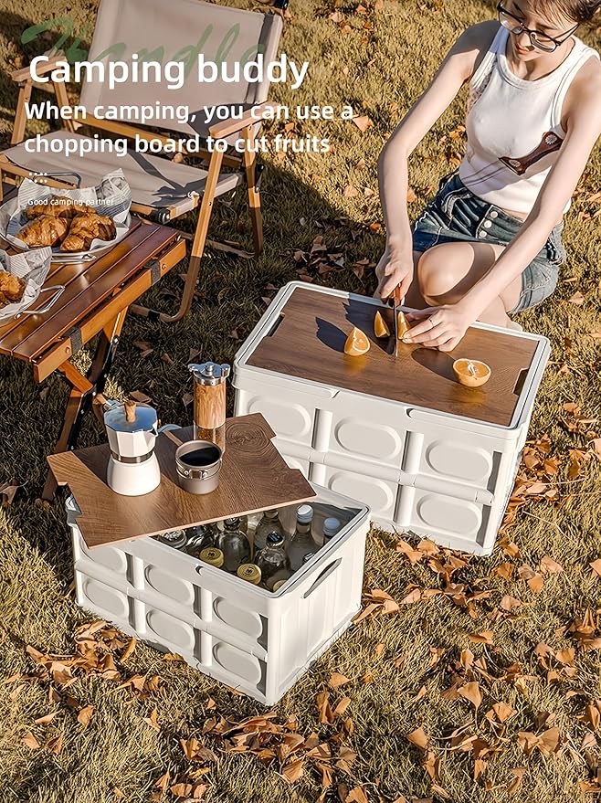 Outdoor Collapsible Storage Box with Handles and Wooden Lid Portable Large Capacity Stackable Crates Outdoor Storage Bin with Table Function Ideal for Car Trunk RV Trip Picnic (Black Small)