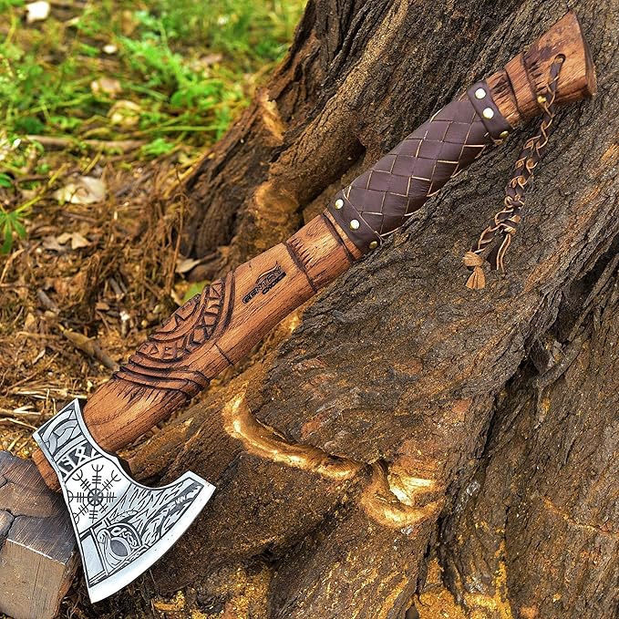 Gentry Choice Engraved Viking Axe Hatche – Hand Forged Blade Ash Wood Handle Leather Wrapped Grip Cowhide Sheath Double Head Design