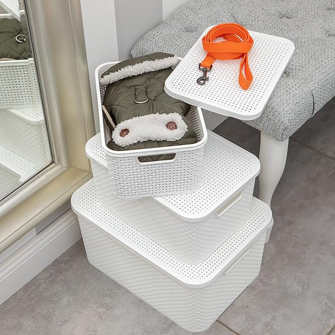 Basket with Lid in Rattan Design Set of 2 Size M 10 L BPA-Free Plastic PP White 32.3 x 22.5 x 15 cm Pack of 2