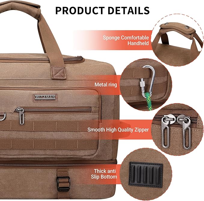 WITZMAN Duffle Bag for Men 50L Canvas Weekender Overnight Bag with Toiletry Bag Sets Travel Duffel Bag Shoes Compartment（A8010/2 Brown）