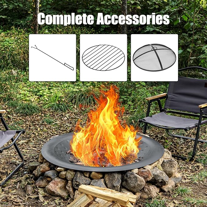 OutVue 35 inch Steel Fire Bowl for DIY or Replacement Existing Fire Pits Wood Burning Fire Pit Bowl with Spark Screen &ampFire Poker Fireplace for Backyard Porch Deck Camping BBQ (Circle Dot)