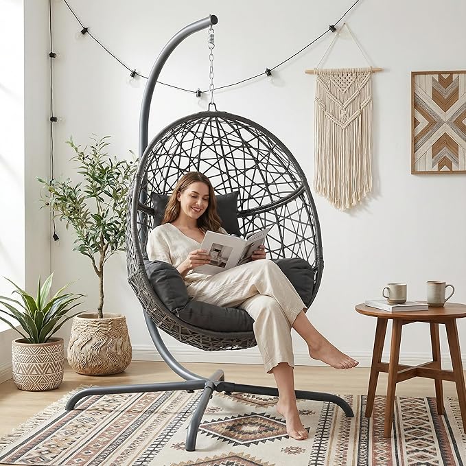 RADIATA Hanging Egg Chair with Stand Outdoor Swing Egg Chair with Thick Cushion Rattan Bird Cage Eggshell Basket Seat Patio Swinging Hammock Chair for Outside Backyard Dark Grey