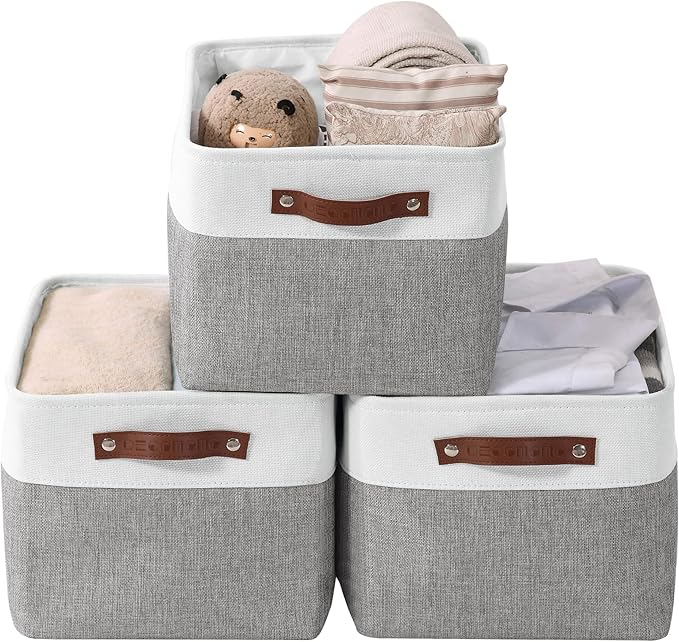 DECOMOMO Storage Baskets for Shelves - Fabric Storage Bins Linen Closet Organizers and Storage (Grey &amp White Large - 3 Pack)