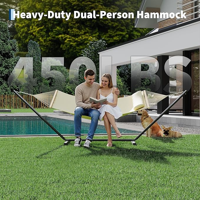 Double Hammock with Stand - Heavy Duty Portable 2 Person Design with Adjustable Steel Stand Max 450LBS Ideal for Outdoor Patio Garden Beach &amp Backyard