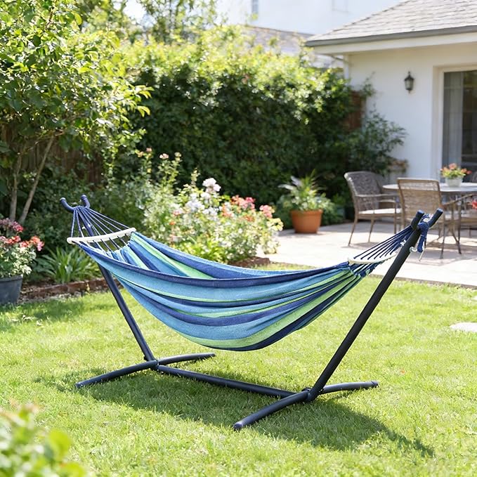 Double Hammock with Freestanding Steel Stand Portable &amp Easy Setup 550lb Capacity Heavy Duty for Patio GardenBackyard Camping Indoor &amp Outdoor - Includes Carry Bag (Blue Stripe)