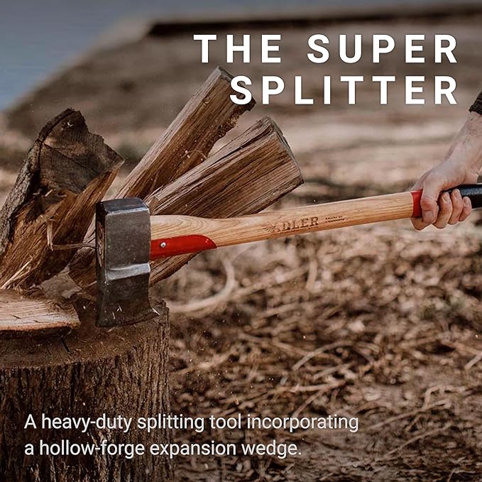 Adler Super Splitter – German Forged Splitting Axe 6.2 lb Hollow-Forged Wedge Maul 31 Hickory Handle with Anti-Slip Grip Heavy Duty Firewood Axe with Premium Leather Sheath (A11)