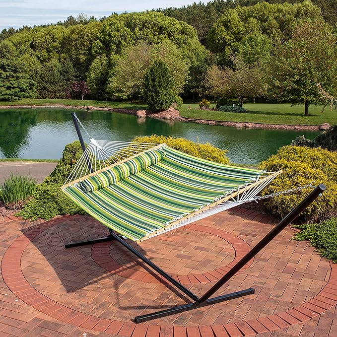 Sunnydaze Quilted Double Hammock with Stand for Outside - 400-Pound Capacity 2-Person Hammock with Stand - 15-Foot Stand - Melon Stripe