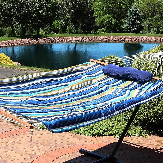 Sunnydaze Rope Hammock with Stand for Outside- 275-Pound Capacity - Includes 12-Foot Hammock Stand Spreader Bar Pad and Pillow - Lakeview