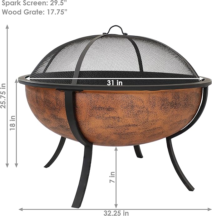 Sunnydaze 32-Inch Copper Fire Pit for Outside - Wood-Burning Fire Pit Bowl with Spark Screen Wood Grate and Poker