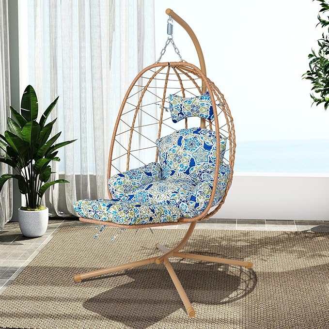 Hanging Egg Chair with Stand Outdoor Indoor Patio Rattan Swing Hammock Chairs with Washable Cushion PE Wicker Swing Chair for Backyard Bedroom Garden (Yellow + Floral Cushion with Footrest)
