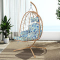 Hanging Egg Chair with Stand Outdoor Indoor Patio Rattan Swing Hammock Chairs with Washable Cushion PE Wicker Swing Chair for Backyard Bedroom Garden (Yellow + Floral Cushion with Footrest)