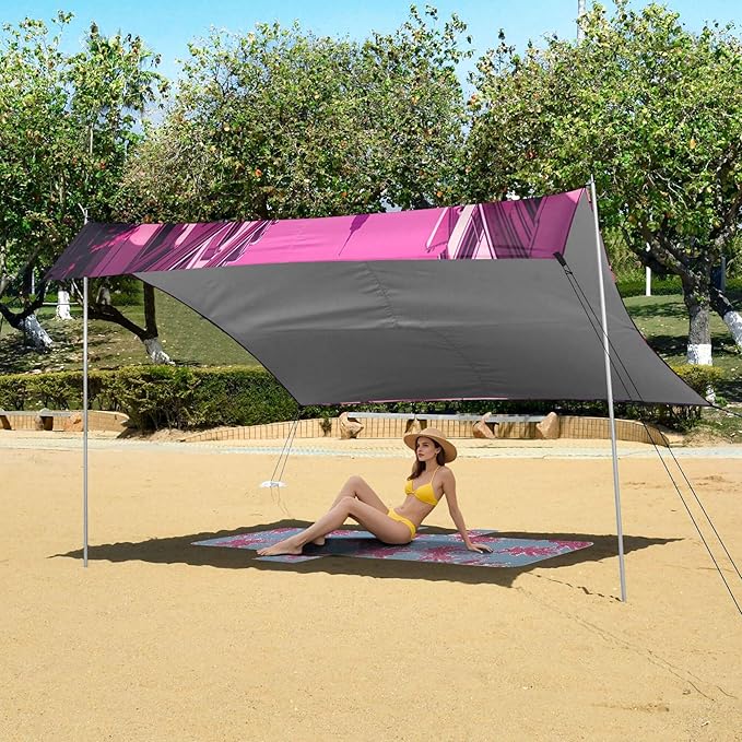 Eiffel Tower Beach Canopy Sun Shelter with Sandbags &amp Sand Shovel &amp Windproof Ropes - Portable 110x126 Beach Shade Beach Tent for Camping Picnics