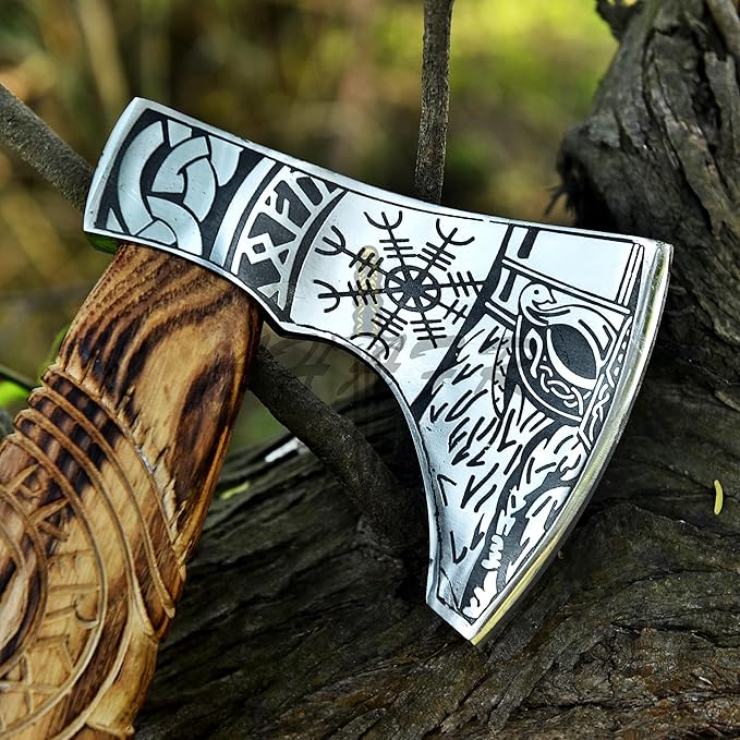 Hand-Forged Viking Axe – Authentic Norse Battle Axe with Custom Engraved Carbon Steel Blade &amp Carved Wooden Handle – Perfect for Throwing Camping Hunting &amp Gifts AH-001-AX