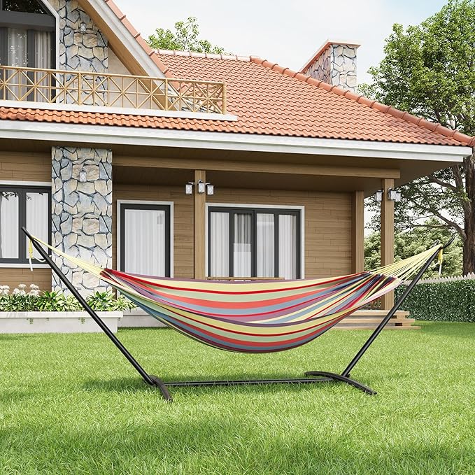 Double Hammock with Stand 2 Person Heavy Duty Outdoor Hammock – 450IB Capacity Portable Hammock with 9FT Steel Stand &amp Carrying Case Adjustable Hammock Bed for BackyardCampingBeachYellow