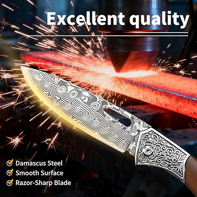 Damascus Steel Folding Knife 7.1 Multi-Purpose Pocket Knife Red sandalwood handle with a sharp blade suitable for cutting meat carving wood and outdoor activities(style C)